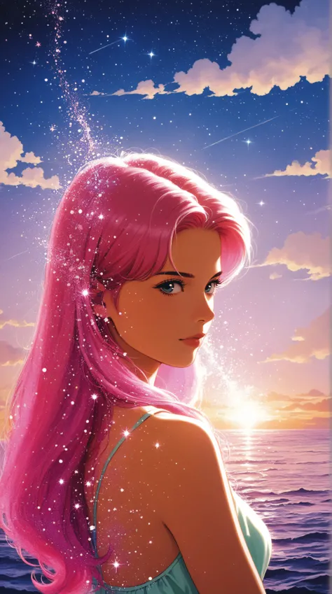 style retro classic, master piece:1.5、(minimal art, line drawing), traditional Japanese girl, upper body, from side, looking at viewer, (fractal art:1.3), (pink hair:1.2), water, liquid, cloud, colorful, starry, stars, studio lighting, extremely detailed d...