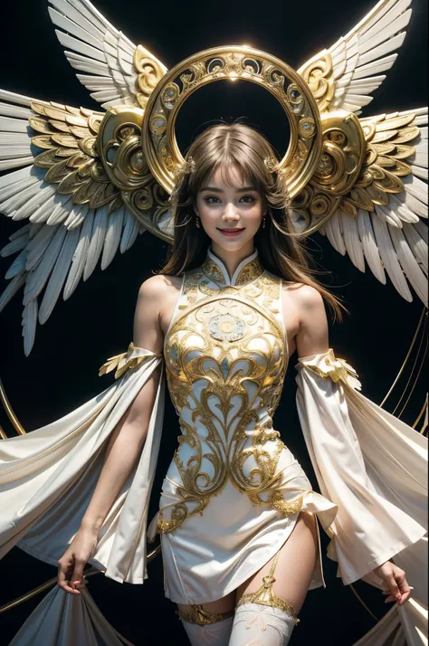 Cyborg, Girl, Beautiful girl, Cute, Sexy, Strong, Slender, Delicate, Smile, (Lolita costume), High legs, Metallic, ultra color, paisley, mandalas, Near future, Heaven, angel, feater, wing, Helix lamp, (The wings are symmetrically paired;1.5),
