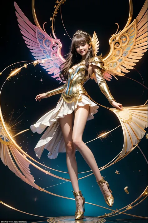 Cyborg, Girl, Beautiful girl, Cute, Sexy, Strong, Slender, Delicate, Smile, (Lolita costume), High legs, Metallic, ultra color, paisley, mandalas, Near future, Heaven, angel, feater, wing, Helix lamp, (The wings are symmetrically paired;1.5),
