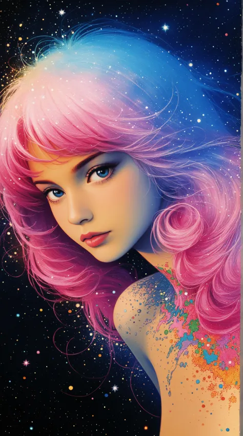 style retro classic, master piece:1.5、(minimal art, line drawing), upper body, from side, looking at viewer, (fractal art:1.3), (pink hair:1.2), water, liquid, cloud, colorful, starry, stars, studio lighting, extremely detailed description, professional, c...