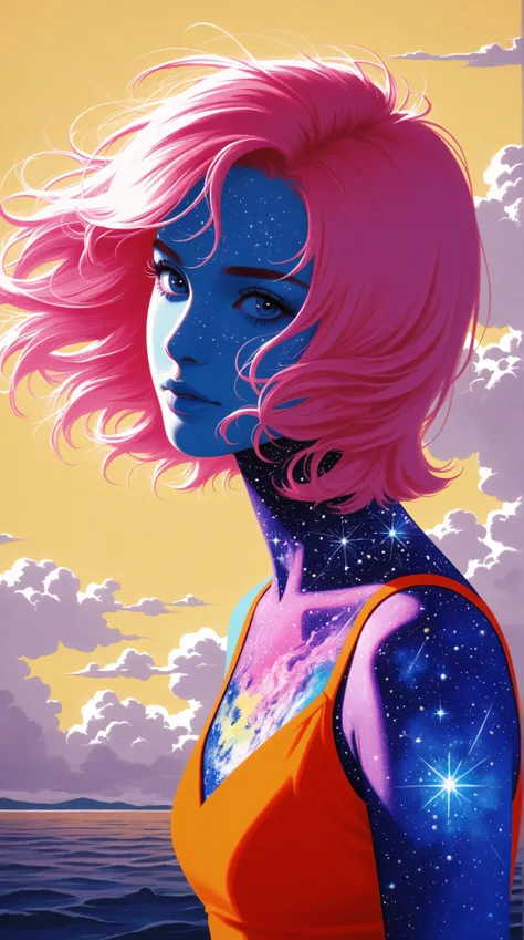 style retro classic, master piece:1.5、(minimal art, line drawing), upper body, from side, looking at viewer, (fractal art:1.3), (pink hair:1.2), water, liquid, cloud, colorful, starry, stars, studio lighting, extremely detailed description, professional, c...