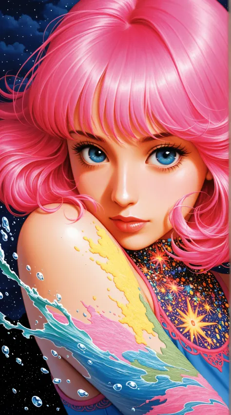 style retro classic, master piece:1.5、(minimal art, line drawing), upper body, looking at viewer, (fractal art:1.3), (pink hair:1.2), water, liquid, cloud, colorful, starry, stars, studio lighting, extremely detailed description, professional, concept art,...