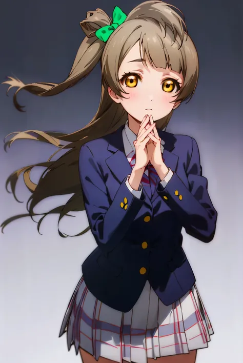 Bird Minami, kotori minami,  long hair,  brown hair, ( yellow eyes:1.3), hair bow, One side up,
break skirt,  school uniform,  jacket,  blazer, Winter clothes, otonokizaka  school uniform、 simple background、
break looking at viewer, (cowboy shot:1.5),
brea...