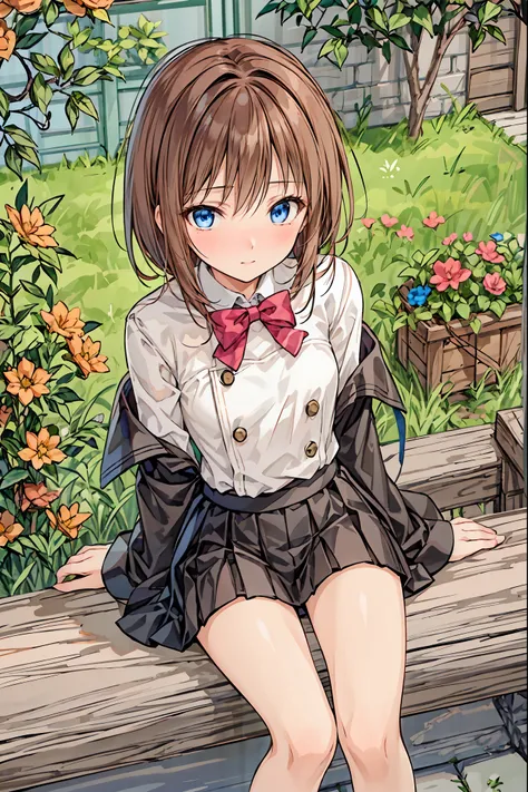 ( Masterpiece), top quality,  cute girl leaning on a wall,  embarrassed, , Intimate moments,  cute,   cropped shirt,  Look Down,  high angle, close, BREAK she is  embarrassed, she is ,  forest setting ,  cute imgae， Hair， shortcut ， unkempt hair，Short brai...