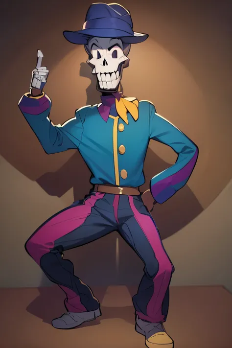 a 1930s skeleton cartoon character with red and purple striped pants, a blue shirt with yellow buttons and a white collar and sleeves, a gray hat, and black shoes