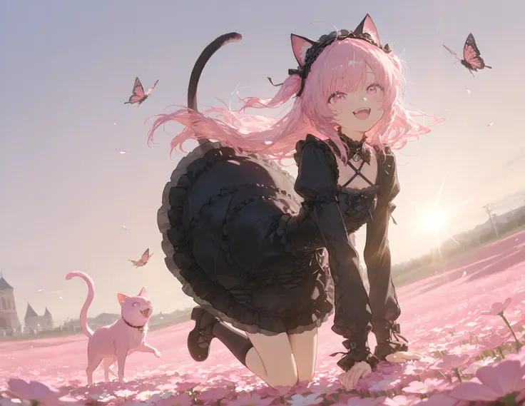 {{masterpiece:1.2, best quality:1.3,masterpiece, extremely fine and beautiful:1.5,highly detailed:1.5}},A cute  with pink hair, pink eyes and pink cat ears, wearing a gothic fashion outfit, smiling broadly, in a beautiful flower field, jumping up to catch ...