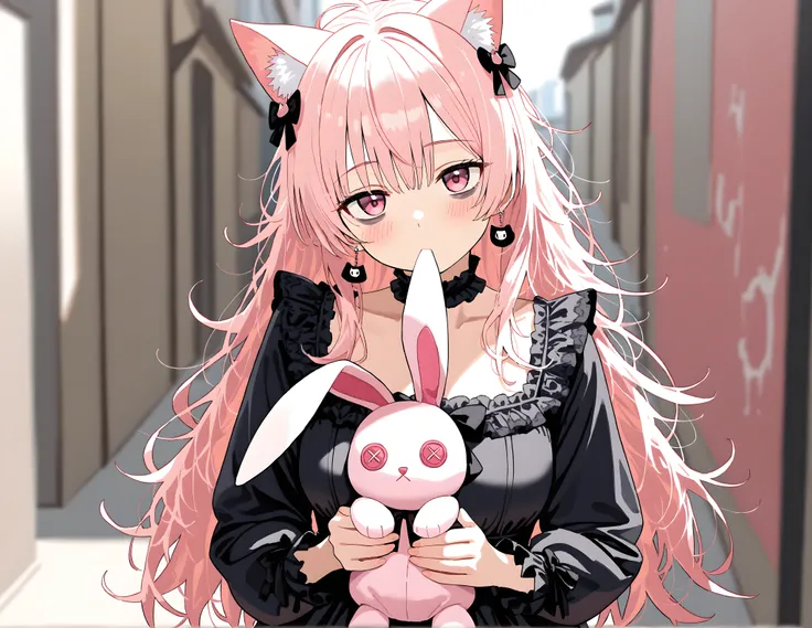 highres,absurdres,masterpiece,best quality,solo,medium breasts,ecstasy,
Cat ears with earrings,holding a stuffed rabbit Button Eyes in both hands and near her mouth,standing,(Graffiti-covered wall:0.8),blurred background,wearing a choker and Gothic Lolita ...