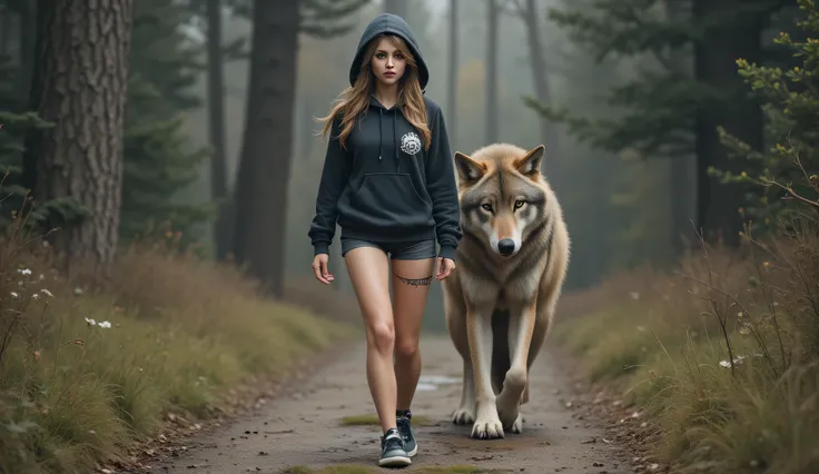 Sexy and beautiful gamer girl from Poland in her late twenties. She has a slim and toned body. She is dressed in a hoodie and shorts. She has long and sexy legs. She is wearing sports shoes. She is walking. Behind her there is a huge wolf. They are both wa...