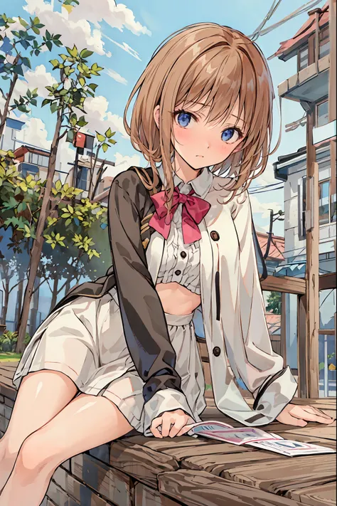 (  Masterpiece),  top quality,   cute girl leaning on a wall,   embarrassed, , Intimate moments,   cute,     cropped shirt,   look down,   high angle, close, BREAK  she says    embarrassed,  she says  ,  Forest Setting ,   cute imgae
