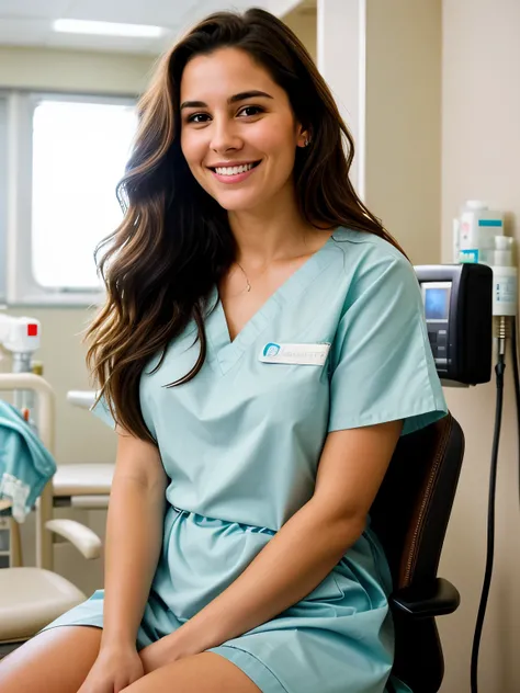 "Hyper-realistic portrait of a stunning 29-year-old British woman with wavy brown hair featuring darker roots, cascading past her shoulders. She has a warm, genuine smile, revealing perfect teeth. She is sitting in a hospital room, dressed in a simple hosp...