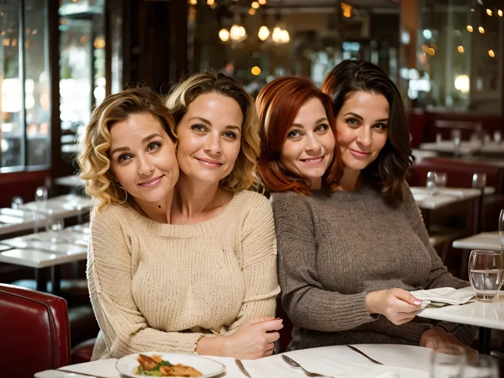 2heads, highly detailed, best resolution, two-headed woman, age 40, American, overweight, red hair, pale skin, pretty, shy, self-conscious facial expression, in a restaurant, pretty sweater,