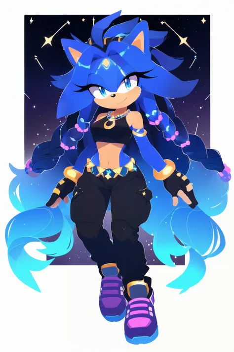 Sonic oc, Mobian, female, sonic the hedgehog but female, Cosmic hedgehog, A beautiful light blue hedgehog, purplish blue eyes, very long hair/quills, braided and beaded long hair bangs, long streaks of hair on each side of her face, (star constellation on ...