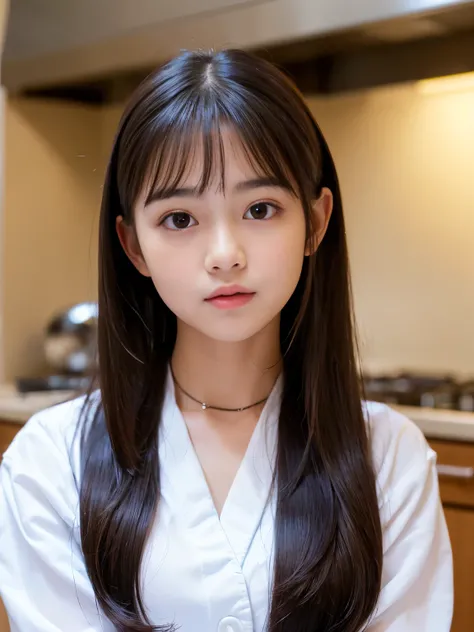 (Best quality, Masterpiece, Ultra High Resolution, (Photorealistic:1.4), Raw Photo, depth of field, professional lighting), (at kitchen, most realistic kitchen, detailed kitchen), 1girl, 15-years-old, the most famous Japanese idol, (((wearing Patissier's C...