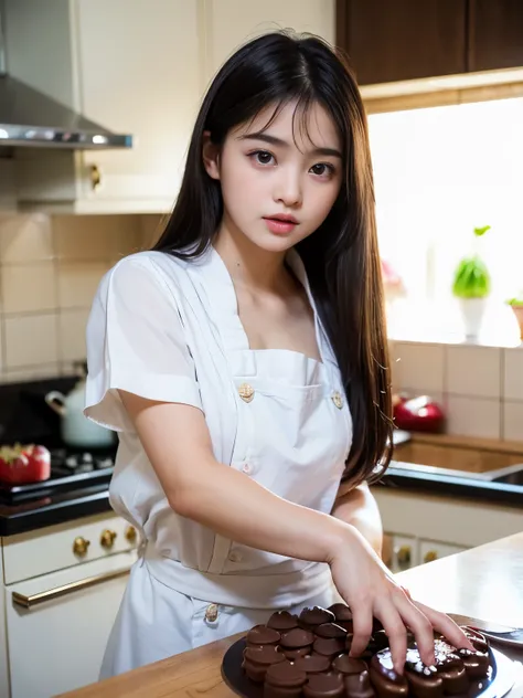 (Best quality, Masterpiece, Ultra High Resolution, (Photorealistic:1.4), Raw Photo, depth of field, professional lighting), (at kitchen, most realistic kitchen, detailed kitchen), 1girl, 15-years-old, the most famous Japanese idol, (((wearing Patissier's C...