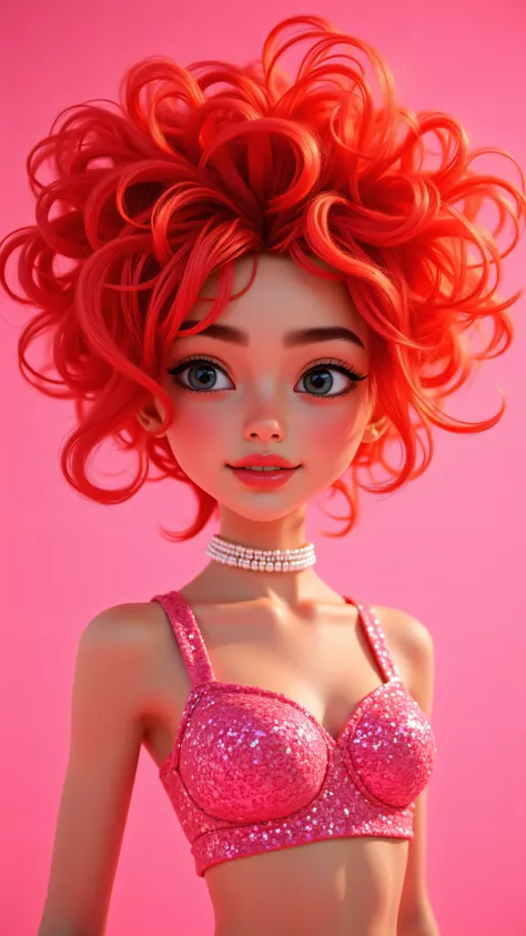 8k, Masterpiece, Top Quality, 3D animated character, Beautiful Women, big expressive eyes,  Pixar style, high detail, vibrant colors, cheerful expression,,Pink aesthetic, vibrant coral afro hairstyle, heart-shaped hair, fashion portrait, young woman, pink ...