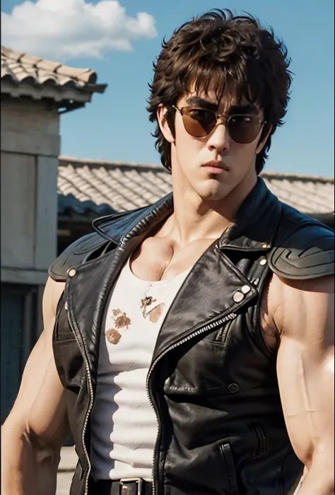From front,, Kenshiro's Hairstyle , Short messy hair, Brown Hair, thick eyebrows, upper body、(( sunglasses))