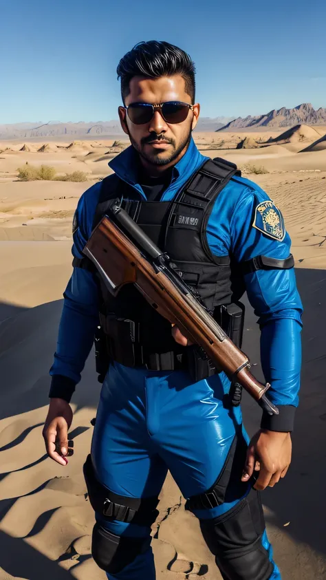 Mexican man in futuristic police suit. He carries a shotgun on his back. Black aviator glasses. Muscular. Dressed in blue and black. Standing in the middle of the desert.