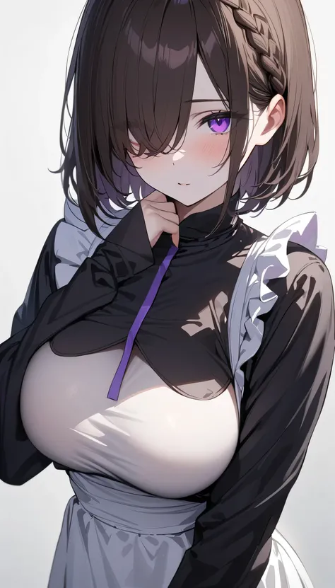 (masterpiece, Highest quality:1.2), (1girl), alone, ((medium hair)), ((dark brown hair)), (straight hair), ((hair over face)), (hair over one eye), (hair over right eye), (black maid dress), white apron, long sleeves, (purple eyes), (big breast), high deta...