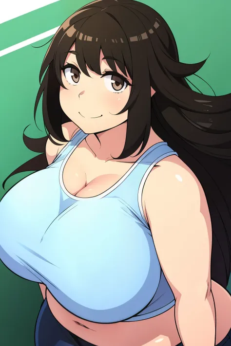  Chubby girl with big breasts black hair brown eyes happy, long messy hair smiling 