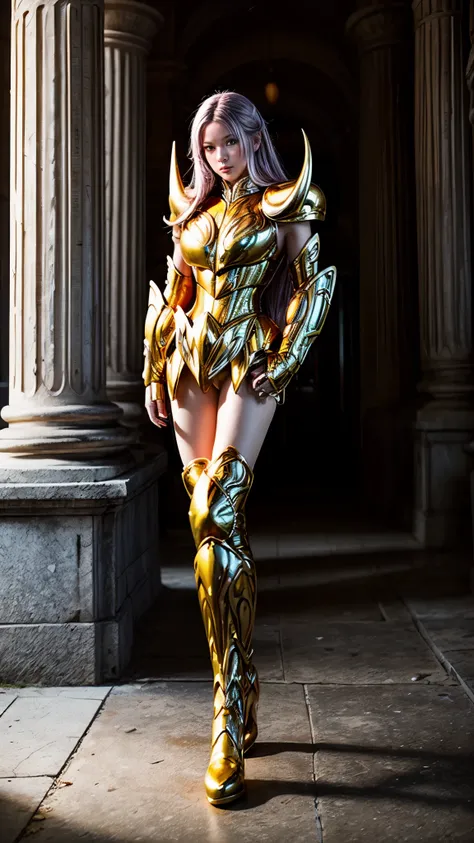 Gemini armor, gold Armor,1 , Armor, dramatic skies , looking at the audience , Armor, close your, Upper body , Serious, capable, on the Greek temple bridge, full body. boots, alone, smile, red eyes, long white hair, high resolution, masterpiece...