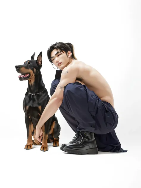 arafed man with  black hair and Blonde mullet, and a little ponytail, kneeling down next to a doberman dog, a man shirtless, arian mark, by Shen Che-Tsai, pet animal, photo from a promo shoot, half dog, inspired by Kim taehyug of bts, editorial photograph,...