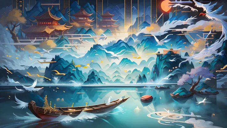   Chinese landscape map distant mountains, Clear river,  ancient buildings,  boats , birds, Phoenix, crane,  clouds ,  Brilliant lighting , Long-distance perspective, Ultra wide angle,   majestic and vivid colors  , Super bright light,  red inner hair .  s...