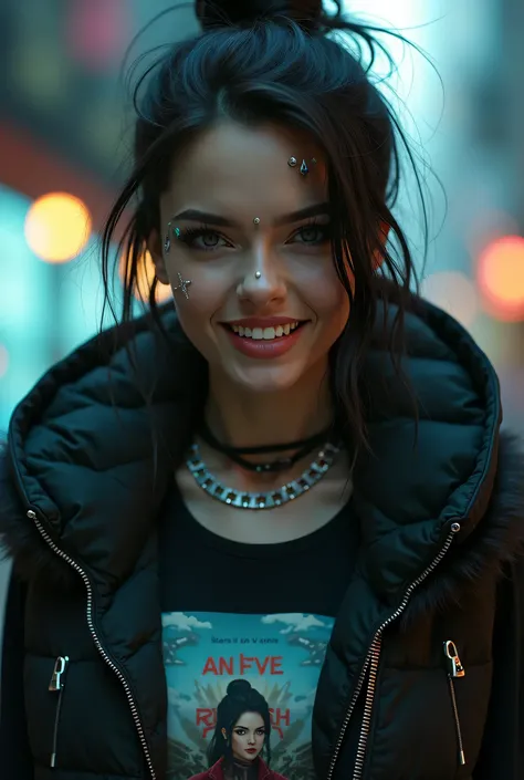 cyberpunk atmosphere, full body portrait ,- a stunning young girl android rebel femme fatale pirate,maniac, prodigy  arogance, dominant energy,, baring their fangs, energetic, charismatic, inteligent rebel, resistance movement .  , vest, hoodie with fur, ,...