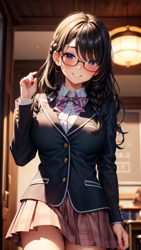 ((masterpiece, sidelighting, finely detailed beautiful eyes: 1.2)), ultra-detailed, ultra high res, professional lighting, high quality makeup, beautiful detailed eyes, beautiful, big eyes, drooping eye, (1 school girl:1.3), (school uniform, blazer:1.2), (...