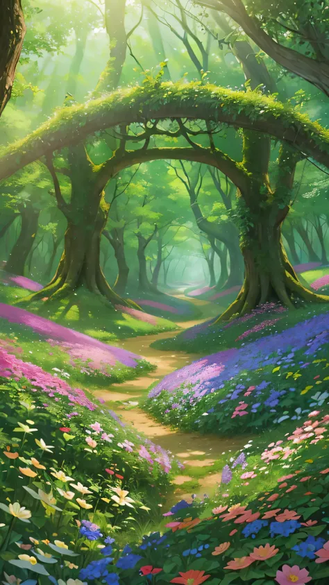 highdefinition images , Deep Forest Picture 、Seven colored flowers and trees 々、 A mysterious forest with magical beings hidden in branches , 8k, High quality seven colored flowers , a forest believed to be inhabited by fairies , The soft morning sun sh...