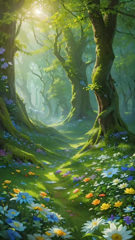  highdefinition images , Deep Forest Picture 、Seven colored flowers and trees 々、  A mysterious forest with magical beings hidden in branches , 8k,  High quality seven colored flowers  , a forest believed to be inhabited by fairies , The soft morning sun sh...