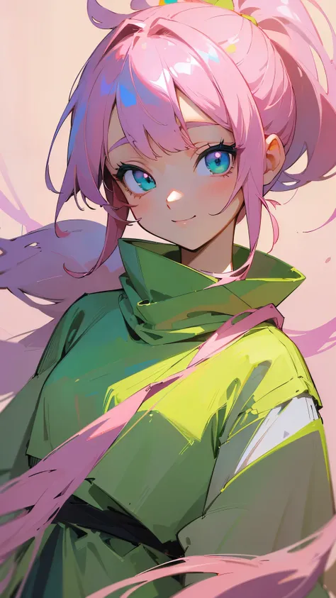 (( Masterpiece))、(( top quality))、( super detailed)、( pro pics)、(Anime-style paintings:1.3)、 girl、 standing、poncho、 pink hair、 ponytail on panty、bangs、 pink hair、 green eyes、 beautiful eyes、Droopy eyes、smile、 upper body close-up