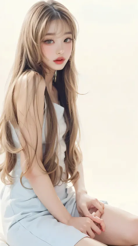  high resolution,  The best quality, wonyoung doll ,  gray eyes,  Blond hair ,  big lips,  extremely long eyelashes,  long blond hair, animation, my beautiful hand,  extremely beautiful woman 