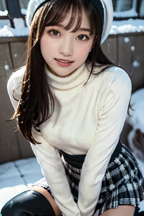 white knitted hat 、 black hair、 straight hair、 has bangs、 shows her teeth and laughs、SkinnyBody、 white turtleneck knitted sweater、 tartan plaid tight mini skirt in a snowy city、 black knee-high boots、 is crouching、雪の降り積もる街なかで、 is looking up at me