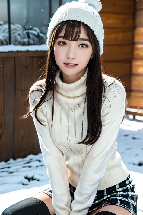 white knitted hat 、 black hair、 straight hair、 has bangs、 shows her teeth and laughs、SkinnyBody、 white turtleneck knitted sweater、 tartan plaid tight mini skirt in a snowy city、 black knee-high boots、 is crouching、In a city where snow falls and piles up、 i...