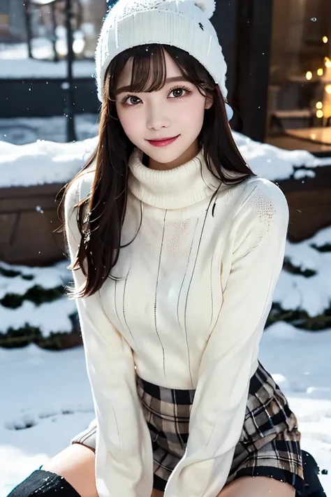 white knitted hat 、 black hair、 straight hair、 has bangs、smile、Place your hands on a knitted hat、SkinnyBody、 white turtleneck knitted sweater、 tartan plaid tight mini skirt in a snowy city、 black knee-high boots、 crouching with legs open 、In a city where s...