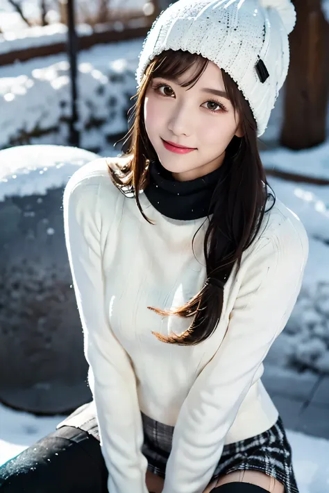 white knitted hat 、 black hair、 straight hair、 has bangs、smile、Place your hands on a knitted hat、SkinnyBody、 white turtleneck knitted sweater、 tartan plaid tight mini skirt in a snowy city、 black knee-high boots、 crouching with legs open 、In a city where s...