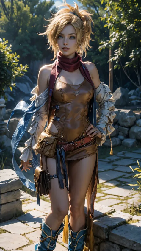 Rick ,  the lively and lively Vygasian heroine from Final Fantasy X-2 ,  Is shown in this breathtaking picture .  She sits confidently on an old stone wall ,  Knocked over the other with one leg ,  radiating an aura of strength and determination .  A light...