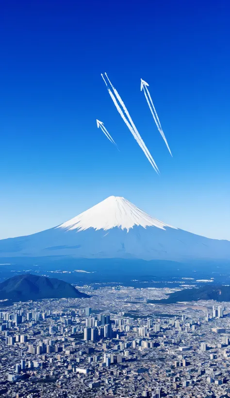 Hi-Res, top quality, Masterpiece, top quality, super high heels, (( Japan's Self-Defense Forces fighter jets are in the upper right sky of Mt. Fuji2 the plane is visible flying )),((Mt. Fuji is visible in front )),Clear skies,blue sky, orbital space,...
