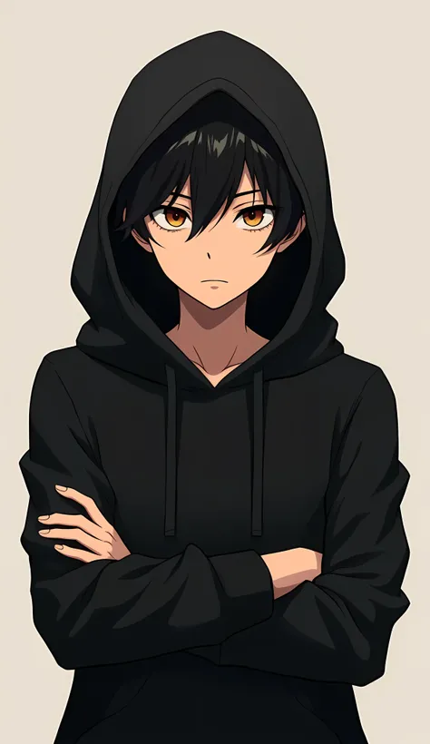 tanned, anime boy, in a black hoodie, emo, crossed arms, looking straight 