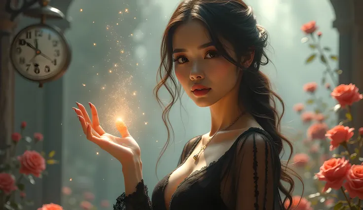 A stunning sexy woman (vietnamese girl) with captivating eyes reaches out with her delicate hand, but her fingers dissolve into glowing particles of light. Her tight, elegant black dress contrasts with the surreal background—melting clocks, floating red ro...