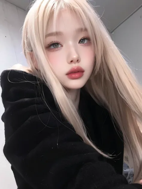  high resolution,  The best quality, wonyoung doll ,  gray eyes,  Blond hair ,  big lips,  extremely long eyelashes,  long blond hair, animation, my beautiful hand,  extremely beautiful woman 