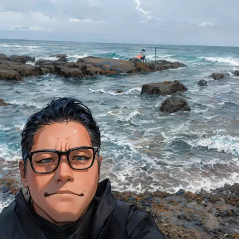 there is a man that is standing on the beach with a camera, the ocean in the background, ocean in the background, the sea in the background, at the sea, standing beside the ocean, sea in the background, the sea and storms behind him, inspired by Kaigetsudō...