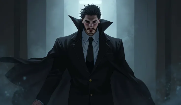 cool anime man, black suit, shadow super power