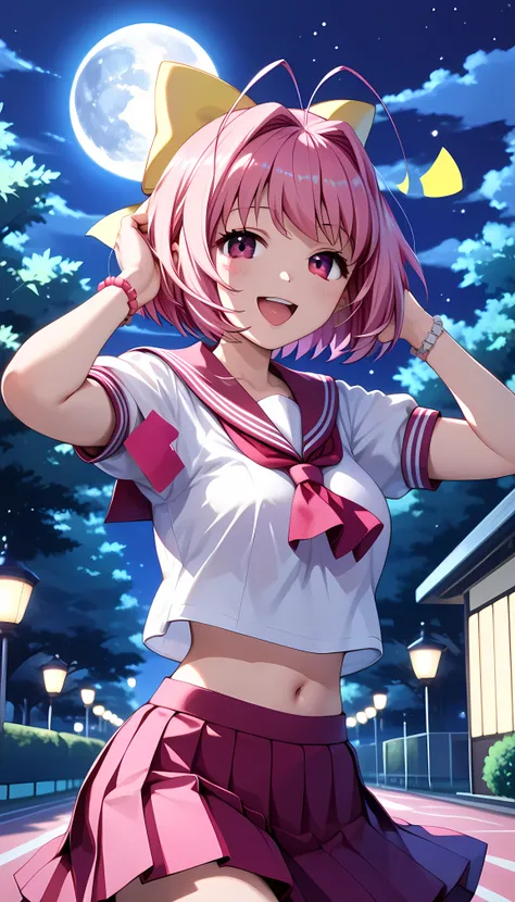 Commemorative photo of girls, 1 Girl, kanon nakagawa, short hair, pink hair, hair bow, pink eyes, antenna hair, 17-year-old girl, School uniforms, Sailor suit, (((Night Park, Big moon background:1.4))), blush:1.2, With a letter:1.4, Close your eyes and lau...