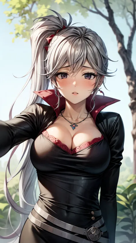 （ super quality, ultra high resolution,16k,super masterpiece,Ultra HD , detailed shading and background,）Upper body shot, sexy girl ,Long silver hair, side ponytail,Luxurious necklace, earrings, sexy black dress, cleavage, white long gloves, white knee soc...