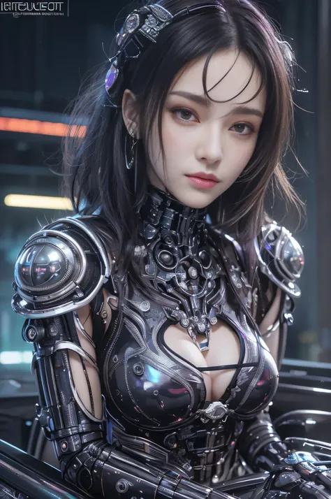 A stunning cyberpunk android woman with black hair and glowing purple eyes rides a futuristic motorcycle on a neon-lit road. Her glowing skin and intricate mechanical details, including a mechanical cervical vertebra attached to her neck and cybernetic lim...