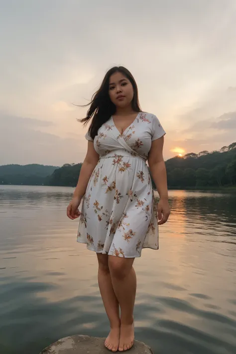 Chubby girl, busty girl, big thighs, Indonesian, modest dress, lake, sunset, full body shot