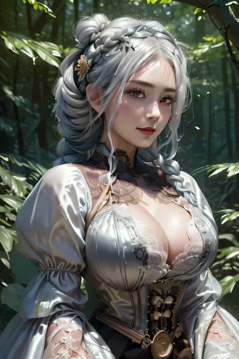 (  viewers :1.3),( 3d animation:1.3),(((King of Steampunk :1.3)),((( outfit with intricate lace details with cheeks))),((( vivid cosplay costumes with mythical creatures ))),((( emphasizes large breasts :1.3))),(  Sunlight shining between leaves deep in a ...