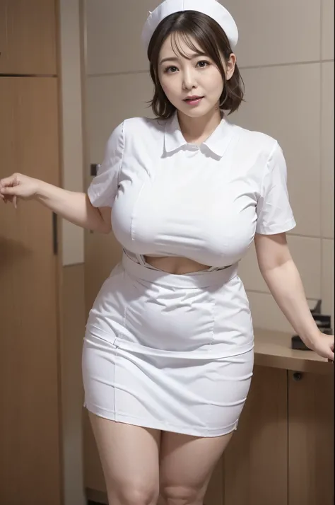  white smoke nurse uniform, Lift Your Skirt , big breast, plump figure, cute face,Awkward, bob hair, hospital ,  very cute,Attractive adult, adult female ,(( punch, Under the skirt))