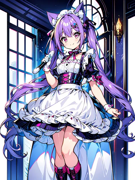 There is transparency、 WHITE BACKGROUND 、 no background、margin、Draw the whole thing、 purple hair、 Red Eyes、loose point of view 、Put on your boots、Wearing a maid outfit、Cat ears、 smiles、Inside the building、Take care、Welcome、Mansion、 twin tails、 red gradient...